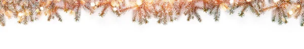 Καλά Χριστούγεννα Γιρλάντα Από Έλατα Χιονιού Κλαδιά Λευκό Φόντο Bokeh — Φωτογραφία Αρχείου