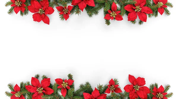 由冷杉枝条和白色背景的节日红花做成的圣诞快乐的花环 新年快乐 圣诞快乐 尽收眼底 大旗飘扬 — 图库照片