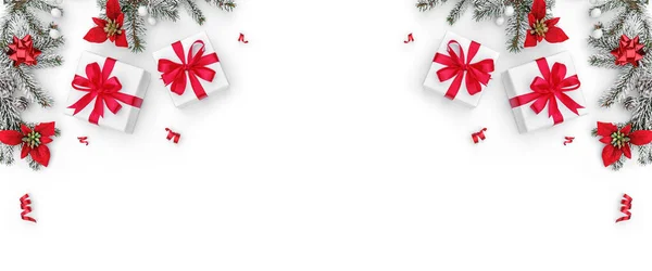 Veselý Vánoční Rámeček Zasněžených Jedlových Větví Dárkových Krabic Svátečních Červených — Stock fotografie
