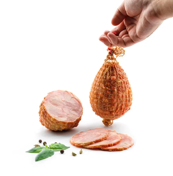 Hand Holding Stick Boiled Pork Sausage Sliced Smoked Ham Gammon — Stock Photo, Image