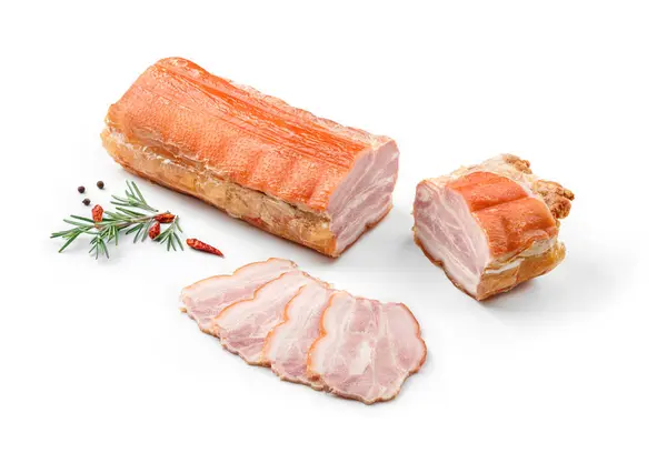 Stick of smoked ham, sliced gammon with spices and fresh herbs isolated on white background. Meat boiled sausage, top view
