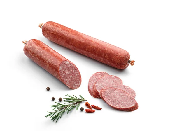 Stick Dried Smoked Sausage Sliced Salami Spices Fresh Herbs Isolated — Stock Photo, Image