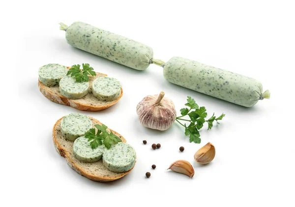 Stick Vegan Sausage Sandwiches Pate Greens Spices Isolated White Background — Stock Photo, Image