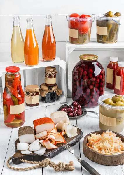 Assortment Grocery Store Cherry Compote Lard Spices Pickled Cabbage Sauce — Stock Photo, Image