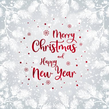 Kırmızı Mutlu Noeller ve karlı Xmas arkaplanı üzerine karlı, karlı ve köknar dallı Mutlu Yıllar metni. Noel tatili kartı. Vektör İllüstrasyonu