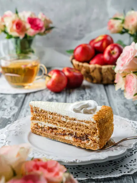 Piece Delicious Cake Cream Apple Jam Plate Grey Background Fresh — Stock Photo, Image