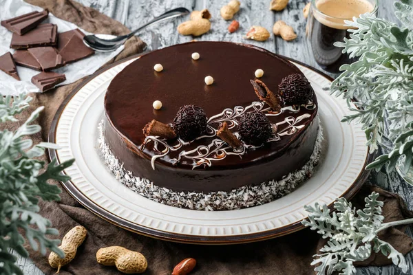Delicious Mousse Cake Chocolate Glaze Coconut Cream Nuts Grey Background — Stock Photo, Image