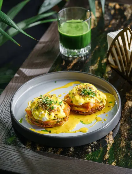 Delicious Pancake Slice Salmon Eggs Benedict Poached Eggs Sesame Microgreens — Stock Photo, Image