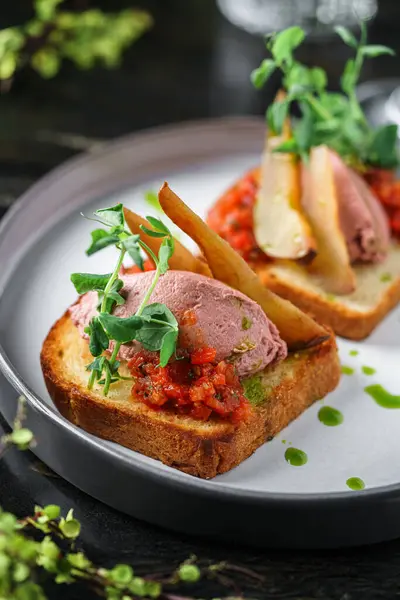 Sandwiches Meat Pate Vegetables Slices Pear Microgreens Plate Table Drinks — Stock Photo, Image
