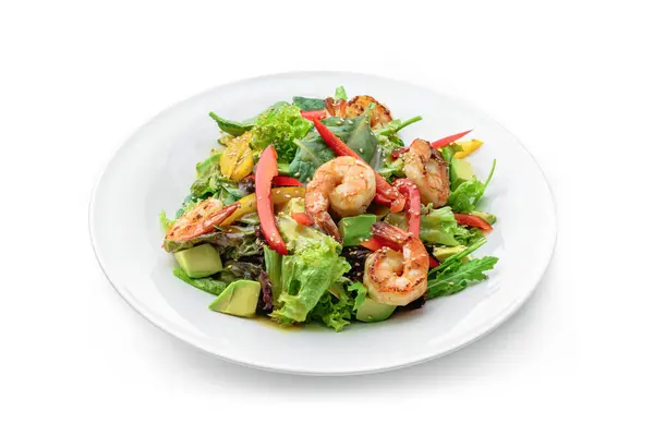 Gesunder Frischer Salat Mit Garnelen Oder Garnelen Avocado Salat Spinat — Stockfoto