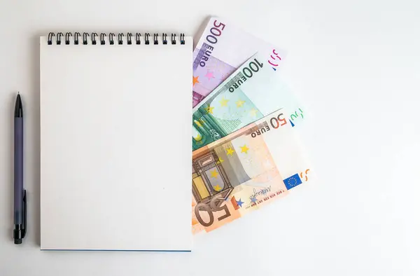 Euro Currency Banknotes Notepad Pen Isolated White Background European Money — Stock Photo, Image