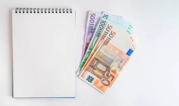 Euro Currency Banknotes Notepad Pen Isolated White Background European Money — Stock Photo, Image