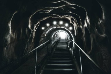 Romanya 'nın Turda kentindeki Salina Turda tuz madenine giriş merdivenleri. Popüler turizm merkezi