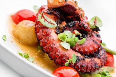 Beyaz arka planda izole edilmiş sebze ve soslu ızgara ahtapot. Sağlıklı yemek, üst manzara, yakın çekim.