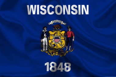 Wisconsin 'in yüksek detaylı bayrağı. Wisconsin eyalet bayrağı, Ulusal Wisconsin bayrağı. Wisconsin bayrağı. ABD. Amerika.