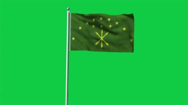 Yüksek detaylı Adigea bayrağı. Ulusal Adygea bayrağı. Avrupa. Üç boyutlu çizim. Yeşil arkaplanda bayrak.