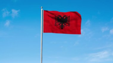 Arnavutluk bayrağı. Ulusal Arnavutluk bayrağı. Avrupa. Üç boyutlu illüstrasyon. Gökyüzü Arkaplanı.