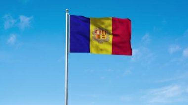 Andorra 'nın yüksek detaylı bayrağı. Ulusal Andorra bayrağı. Avrupa. Üç boyutlu çizim. Gökyüzü Arkaplanı.