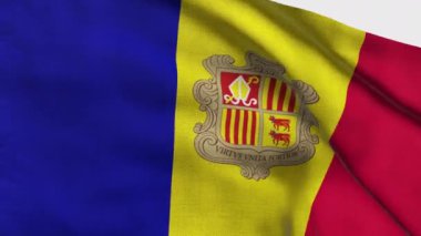 Andorra 'nın yüksek detaylı bayrağı. Ulusal Andorra bayrağı. Avrupa. Üç boyutlu çizim. İpek kumaş bayrağı.