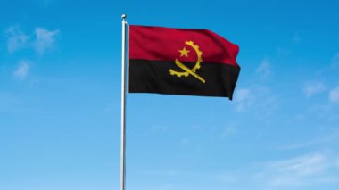 Angola 'nın yüksek detaylı bayrağı. Ulusal Angola bayrağı. Afrika. Üç boyutlu çizim. Gökyüzü Arkaplanı.