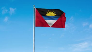 Antigua ve Barbuda 'nın yüksek detaylı bayrağı. Antigua ve Barbuda bayrağı. Kuzey Amerika. Üç boyutlu çizim. Gökyüzü Arkaplanı.