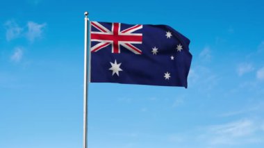 Avustralya bayrağı. Ulusal Avustralya bayrağı. Okyanusya. Üç boyutlu çizim. Gökyüzü arkaplanı.