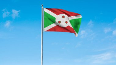 Burundi 'nin yüksek detaylı bayrağı. Ulusal Burundi bayrağı. Afrika. Üç boyutlu illüstrasyon. Gökyüzü Arkaplanı.