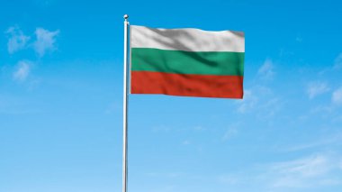 Bulgaristan 'ın yüksek detaylı bayrağı. Ulusal Bulgaristan bayrağı. Avrupa. Üç boyutlu çizim. Gökyüzü Arkaplanı.
