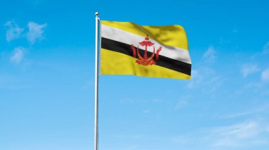 Brunei 'nin yüksek detaylı bayrağı. Ulusal Brunei bayrağı. Asya. Üç boyutlu çizim. Gökyüzü Arkaplanı.