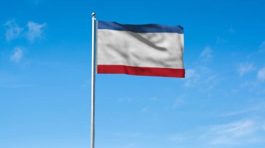 Kırım 'ın yüksek detaylı bayrağı. Ulusal Kırım bayrağı. Üç boyutlu illüstrasyon. Gökyüzü Arkaplanı.