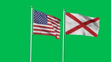 Alabama ve Amerikan Bayrağı birlikte. Alabama ve ABD 'nin yüksek detaylı bayrağı. Alabama eyalet bayrağı. ABD. 3B Görüntü.