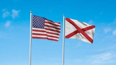 Alabama ve Amerikan Bayrağı birlikte. Alabama ve ABD 'nin yüksek detaylı bayrağı. Alabama eyalet bayrağı. ABD. 3B Görüntü.