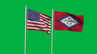Arkansas ve Amerikan Bayrağı birlikte. Arkansas ve ABD 'nin yüksek detaylı el sallama bayrağı. Arkansas bayrağı. ABD. 3B Görüntü.