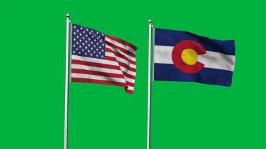 Colorado ve Amerikan Bayrağı birlikte. Colorado ve ABD 'nin yüksek detaylı dalgalanan bayrağı. Colorado bayrağı. ABD. 3B Görüntü.
