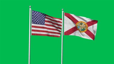 Florida ve Amerikan Bayrağı birlikte. Florida ve ABD 'nin yüksek detaylı dalgalanan bayrağı. Florida eyalet bayrağı. ABD. 3B Görüntü.