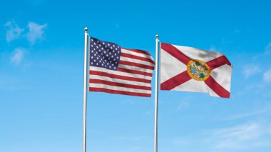 Florida ve Amerikan Bayrağı birlikte. Florida ve ABD 'nin yüksek detaylı dalgalanan bayrağı. Florida eyalet bayrağı. ABD. 3B Görüntü.