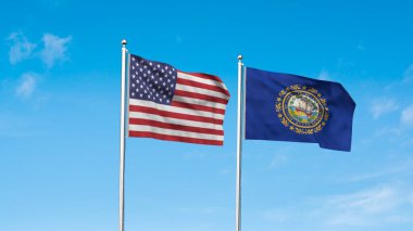 New Hampshire ve Amerikan Bayrağı birlikte. New Hampshire ve ABD 'nin yüksek detaylı el sallama bayrağı. New Hampshire eyalet bayrağı. ABD. 3B Görüntü.