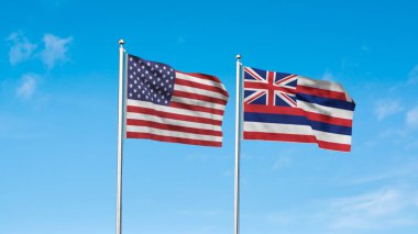Hawaii ve Amerikan Bayrağı birlikte. Hawaii ve ABD 'nin yüksek detaylı dalgalanan bayrağı. Hawaii eyalet bayrağı. ABD. 3B Görüntü.