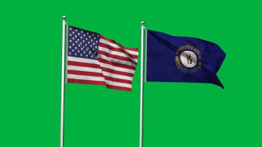 Kentucky ve Amerikan Bayrağı birlikte. Kentucky ve ABD 'nin yüksek detaylı el sallama bayrağı. Kentucky eyalet bayrağı. ABD. 3B Görüntü.