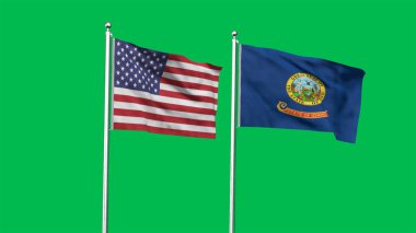 Idaho ve Amerikan Bayrağı birlikte. Idaho ve ABD 'nin yüksek detaylı dalgalanan bayrağı. Idaho eyalet bayrağı. ABD. 3B Görüntü.