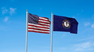 Kentucky ve Amerikan Bayrağı birlikte. Kentucky ve ABD 'nin yüksek detaylı el sallama bayrağı. Kentucky eyalet bayrağı. ABD. 3B Görüntü.