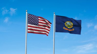 Idaho ve Amerikan Bayrağı birlikte. Idaho ve ABD 'nin yüksek detaylı dalgalanan bayrağı. Idaho eyalet bayrağı. ABD. 3B Görüntü.