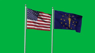 Indiana ve Amerikan Bayrağı birlikte. Indiana ve ABD 'nin yüksek detaylı el sallama bayrağı. Indiana eyalet bayrağı. ABD. 3B Görüntü.