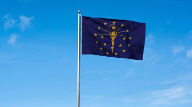 Yüksek detaylı Indiana bayrağı. Indiana eyalet bayrağı, Ulusal Indiana bayrağı. Indiana eyaletinin bayrağı. ABD. Amerika. Yeşil arka plan. 3 boyutlu görüntüleme. 3B Görüntü