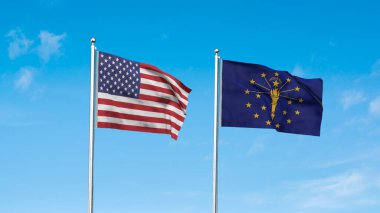Indiana ve Amerikan Bayrağı birlikte. Indiana ve ABD 'nin yüksek detaylı el sallama bayrağı. Indiana eyalet bayrağı. ABD. 3B Görüntü.