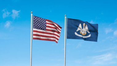 Louisiana ve Amerikan Bayrağı birlikte. Louisiana ve ABD 'nin yüksek detaylı bayrağı. Louisiana eyalet bayrağı. ABD. 3B Görüntü.