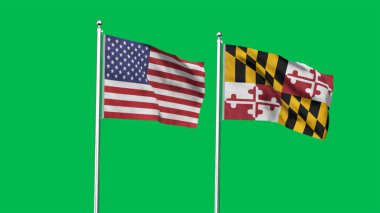 Maryland ve Amerikan Bayrağı birlikte. Maryland ve ABD 'nin yüksek detaylı el sallama bayrağı. Maryland eyalet bayrağı. ABD. 3B Görüntü.