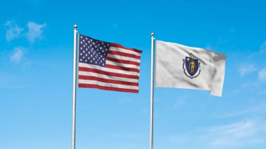 Massachusetts ve Amerikan Bayrağı birlikte. Massachusetts ve ABD 'nin yüksek detaylı el sallama bayrağı. Massachusetts eyalet bayrağı. ABD. 3B Görüntü.