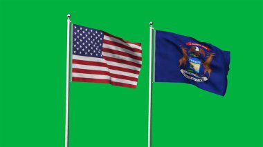 Michigan ve Amerikan Bayrağı birlikte. Michigan ve ABD 'nin yüksek detaylı el sallama bayrağı. Michigan eyalet bayrağı. ABD. 3B Görüntü.