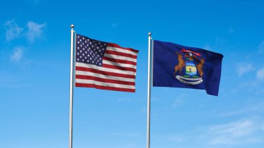 Michigan ve Amerikan Bayrağı birlikte. Michigan ve ABD 'nin yüksek detaylı el sallama bayrağı. Michigan eyalet bayrağı. ABD. 3B Görüntü.